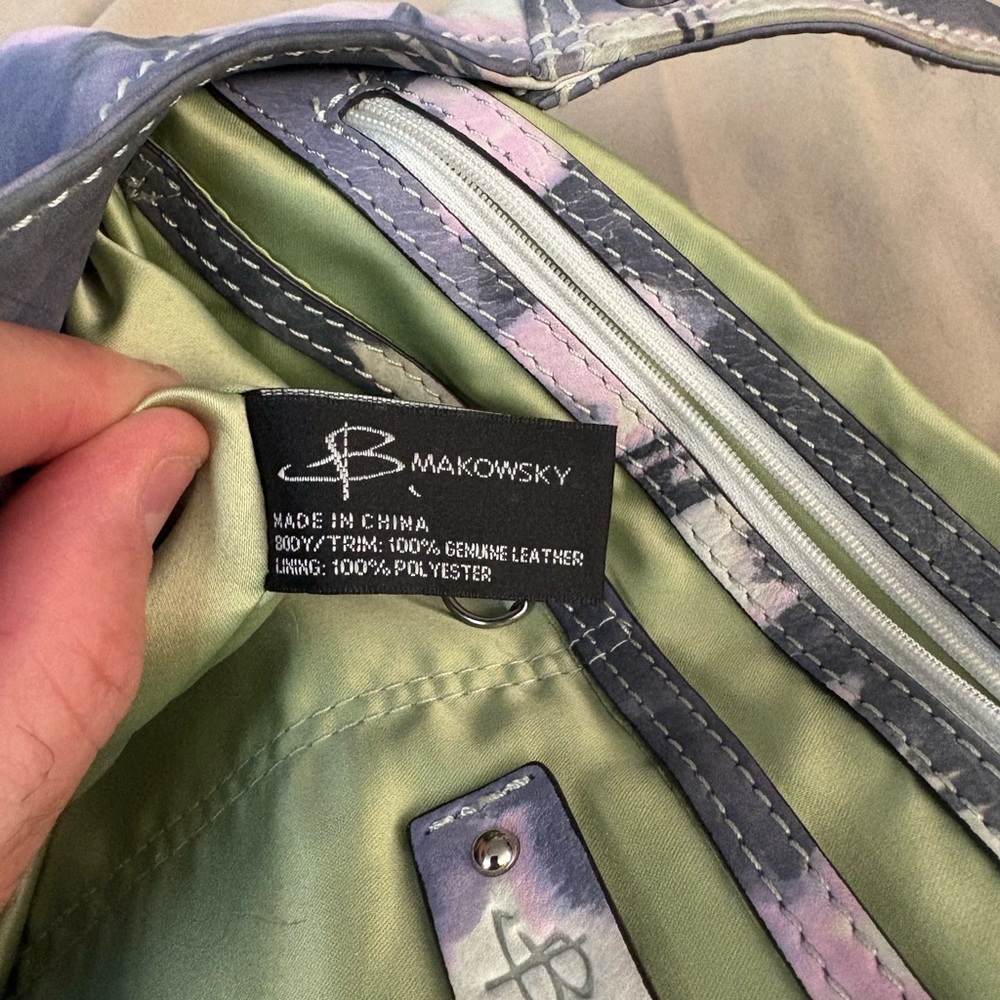 B. Makowsky Tie Dye Leather Mini Satchel Tote Bag Purple Fur Accent - Picture 6 of 10